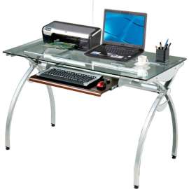 Techni Mobili Contempo Glass Top Computer Desk with Pull Out Keyboard Panel, Clear & Silver