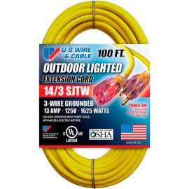 U.S. Wire 73100 100 Ft. Three Conductor Yellow Temp-Flex Lighted Plug Cord, 14/3 Ga., 300V, 13A