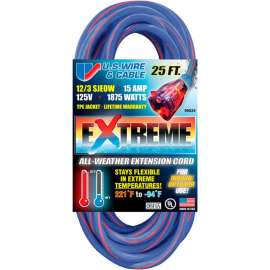 U.S. Wire 99025 25 Ft. Three Conductor Artic/Tropic Cord, 12/3 Ga. SJEOW-A, 15A, Blue w/Red Stripe