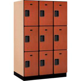 3-Tier 9 Door Extra Wide Wood Locker, 15"W x 24"D x 24"H, Cherry, Partially Assembled