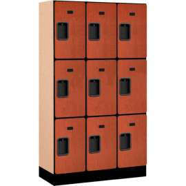 3-Tier 9 Door Designer Wood Locker, 12"W x 15"D x 20"H, Cherry, Partially Assembled