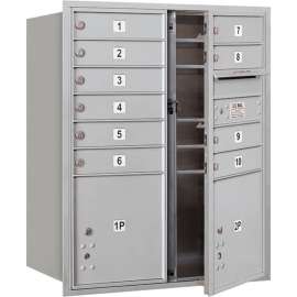 4C Horizontal Mailbox, 37-1/2"H, Double, 10 MB1/2 PL Doors, Front Load, Aluminum, USPS