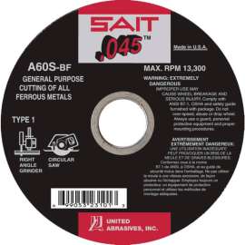 United Abrasives - Sait 23105 Cut Off Wheel Type 1 A60S 6" x .045" x 5/8" 60 Grit Aluminum Oxide