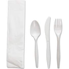 Boardwalk Four Piece Fork/Knife/Napkin/Teaspoon Kit, Polypropylene, White, Pack of 250