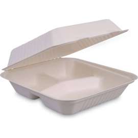 Boardwalk Bagasse Food Container w/ 3 Compartment, 9"L x 9"W x 3-3/16"H, Pack of 200
