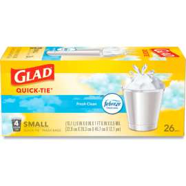 Glad OdorShield Quick-Tie Small Trash Bags, 4 Gal, 0.5 mil, 8" x 18", White, 156/Case