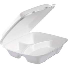 Dart Foam Container w/ 3 Compartment & Perforated Lid, 9-3/8"L x 9"W x 3"H, White, PK of 200