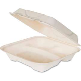 Hinged Lid Compostable Sugarcane Fiber Containers 9" x 9" x 3" White 3 Compartments - 200 Pack