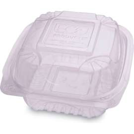 Eco-Products Clamshell Hinged Food Container, 6"L x 6"W x 3"H, Clear, Pack of 240
