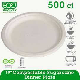 Eco-Products EP-P005, Sugarcane Plate, 10" Dia., Natural White, 500/Carton