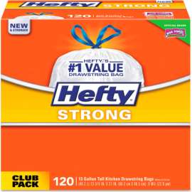 Hefty Strong Tall Kitchen Drawstring Bags, 13 Gal, 0.9 mil, White, 360/Case