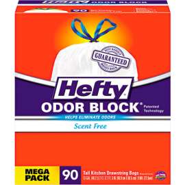 Hefty Strong Tall Kitchen Drawstring Bags, 13 Gal, 0.9 mil, White, 90/Box, 3 Boxes/Case