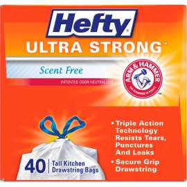 Hefty Ultra Strong Tall Kitchen and Trash Bags, 13 gal, 0.9 mil, White, 40/Bx, 6 Boxes/Carton
