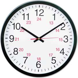 Universal 24-Hour Round Wall Clock, 12.63" Overall Diameter, Black Case, 1 AA