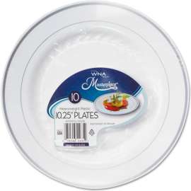 WNA Masterpiece Plastic Plates, 10-1/4" Dia., White w/Silver accent, Pack of 120