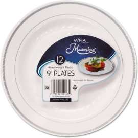 WNA Masterpiece Plastic Plates, 9" Dia., White/Silver, Pack of 120