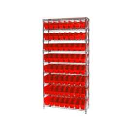 Quantum WR9-201 Chrome Wire Shelving with 64 6"H Plastic Shelf Bins Red, 36x12x74