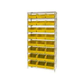 Quantum WR9-210 Chrome Wire Shelving with 24 6"H Plastic Shelf Bins Yellow, 36x18x74