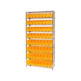 Quantum WR9-205 Chrome Wire Shelving with 64 6"H Plastic Shelf Bins Yellow, 36x24x74