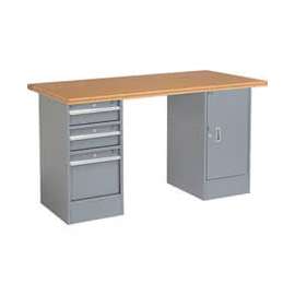 Global Industrial 60 x 30 Pedestal Workbench - 3 Drawers & Cabinet, Shop Top Square Edge Gray
