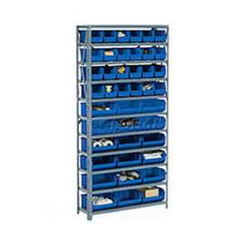 Steel Open Shelving with 17 Blue Plastic Stacking Bins 6 Shelves - 36x12x39