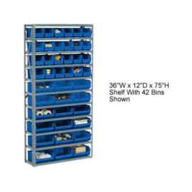 Steel Open Shelving with 36 Blue Plastic Stacking Bins 10 Shelves - 36x12x73