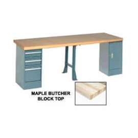Global Industrial 120"W x 30"D Production Workbench - Maple, Cabinet, 3 Drawer, 1 Leg, Gray
