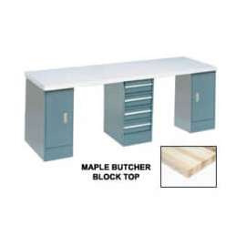 Global Industrial 96x30 Production Workbench, Maple Square Edge Top, 2 Cabinet, 4 Drawer GY