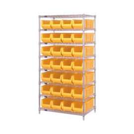 Quantum Storage Systems WR8-950 Chrome wire Shelving With 28 24"D Hopper Bins Yellow, 24x36x74
