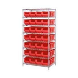 Quantum Storage Systems WR8-950 Chrome wire Shelving With 28 24"D Hopper Bins Red, 24x36x74