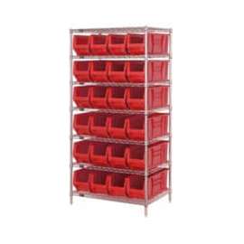 Quantum Storage Systems WR7-951 Chrome wire Shelving With 24 24"D Hopper Bins Red, 24x36x74