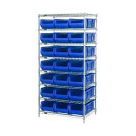 Quantum Storage Systems WR8-952 Chrome wire Shelving With 21 24"D Hopper Bins Blue, 24x36x74