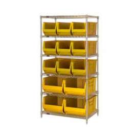 Quantum Storage Systems WR6-953954 Chrome wire Shelving With 13 24"D Hopper Bins Yellow, 24x36x74