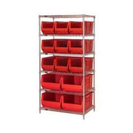 Quantum Storage Systems WR6-953954 Chrome wire Shelving With 13 24"D Hopper Bins Red, 24x36x74