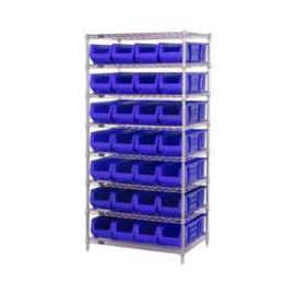 Quantum Storage Systems WR8-970 Chrome wire Shelving With 28 30"D Hopper Bins Blue, 30x36x74