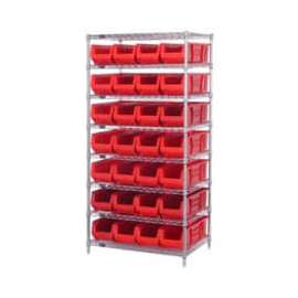 Quantum Storage Systems WR8-970 Chrome wire Shelving With 28 30"D Hopper Bins Red, 30x36x74