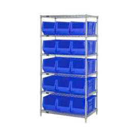 Quantum Storage Systems WR6-973 Chrome wire Shelving With 15 30"D Hopper Bins Blue, 30x36x74
