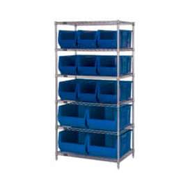 Quantum Storage Systems WR6-973974 Chrome wire Shelving With 13 30"D Hopper Bins Blue, 30x36x74