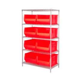 Quantum Storage Systems WR5-975 Chrome wire Shelving With 8 30"D Hopper Bins Red, 30x42x74