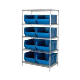 Quantum Storage Systems WR5-993 Chrome Wire Shelving With 8 36"D Hopper Bins Blue, 36x36x86
