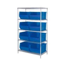 Quantum Storage Systems WR5-995 Chrome Wire Shelving With 8 36"D Hopper Bins Blue, 36x48x86