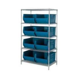 Quantum Storage Systems WR5-997 Chrome Wire Shelving With 8 36"D Hopper Bins Blue, 36x48x86