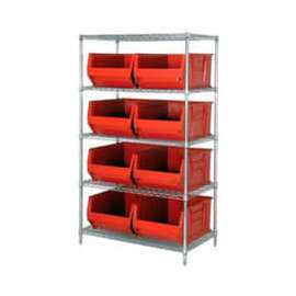 Quantum Storage Systems WR5-997 Chrome Wire Shelving With 8 36"D Hopper Bins Red, 36x48x86