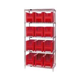 Quantum Storage Systems WR5-600 Chrome Wire Shelving With 12 Giant Hopper Bins Red, 18x36x74