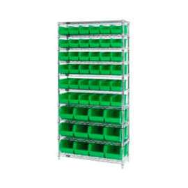 Chrome Wire Shelving With 48 Giant Plastic Stacking Bins Green, 36x14x74