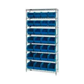 Chrome Wire Shelving w/ 28 Stacking Blue Bins, 36"W x 12"D x 74"H, Gray