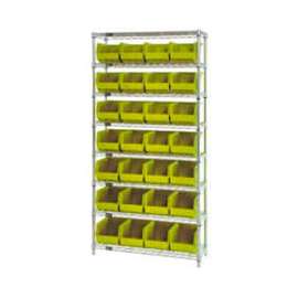 Chrome Wire Shelving w/ 28 Stacking Yellow Bins, 36"W x 12"D x 74"H, Gray