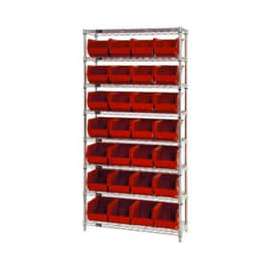 Chrome Wire Shelving w/ 28 Stacking Red Bins, 36"W x 12"D x 74"H, Gray
