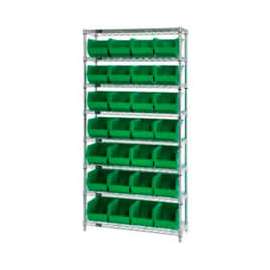 Chrome Wire Shelving w/ 28 Stacking Green Bins, 36"W x 12"D x 74"H, Gray