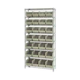 Chrome Wire Shelving w/ 28 Stacking Ivory Bins, 36"W x 12"D x 74"H, Gray